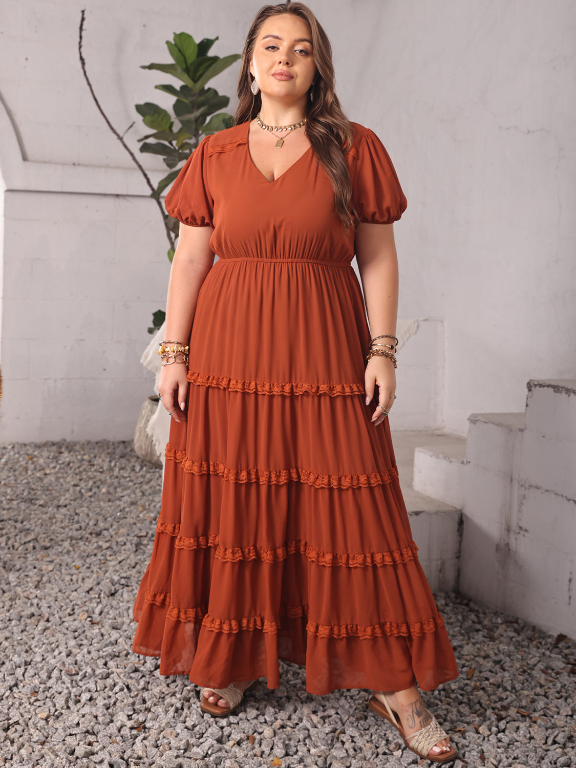 Plus Size Ruched Lace Detail V-Neck Short Sleeve Dress Trendsi