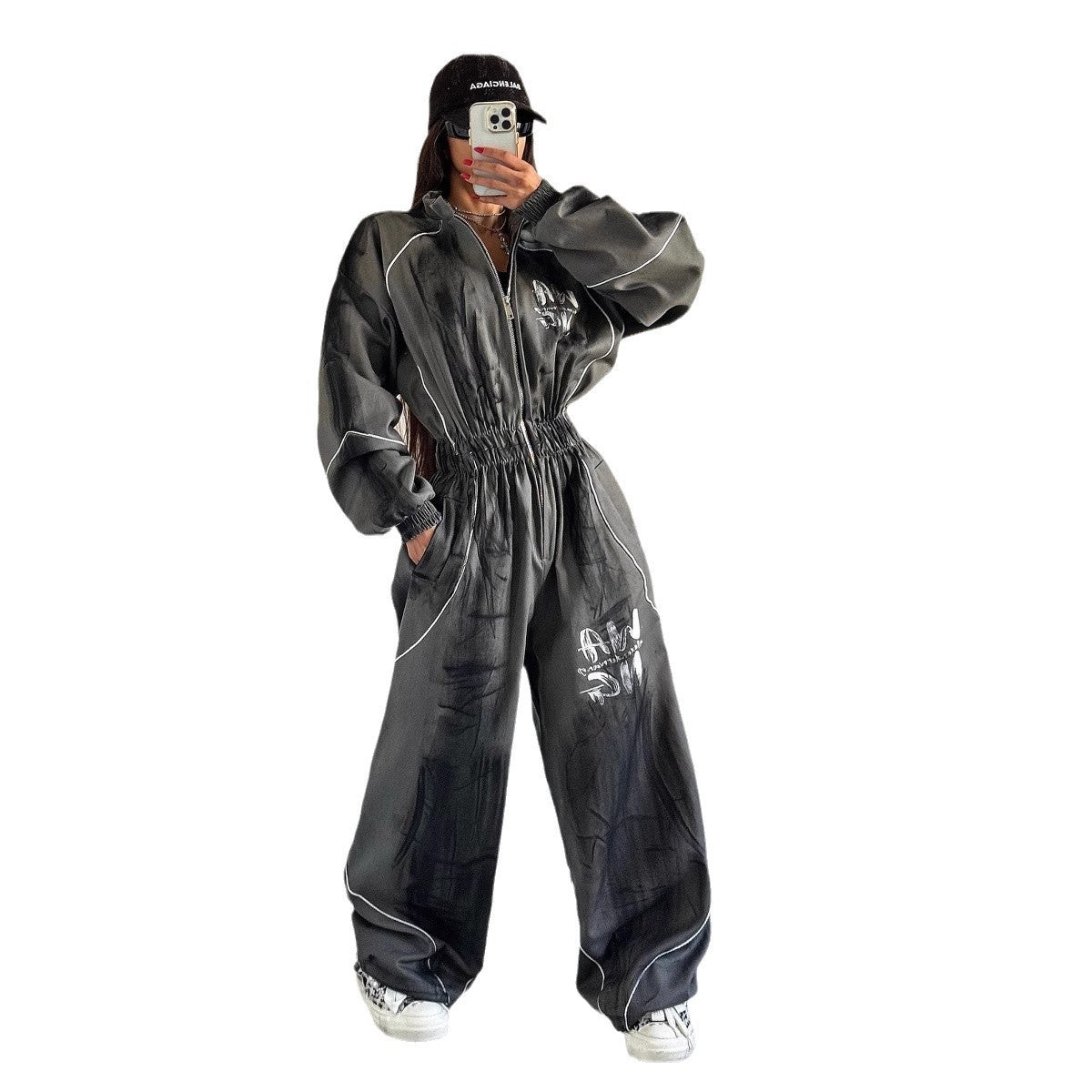 Women's Street Hip-hop Washed Graffiti Brushed Jumpsuit ARZ