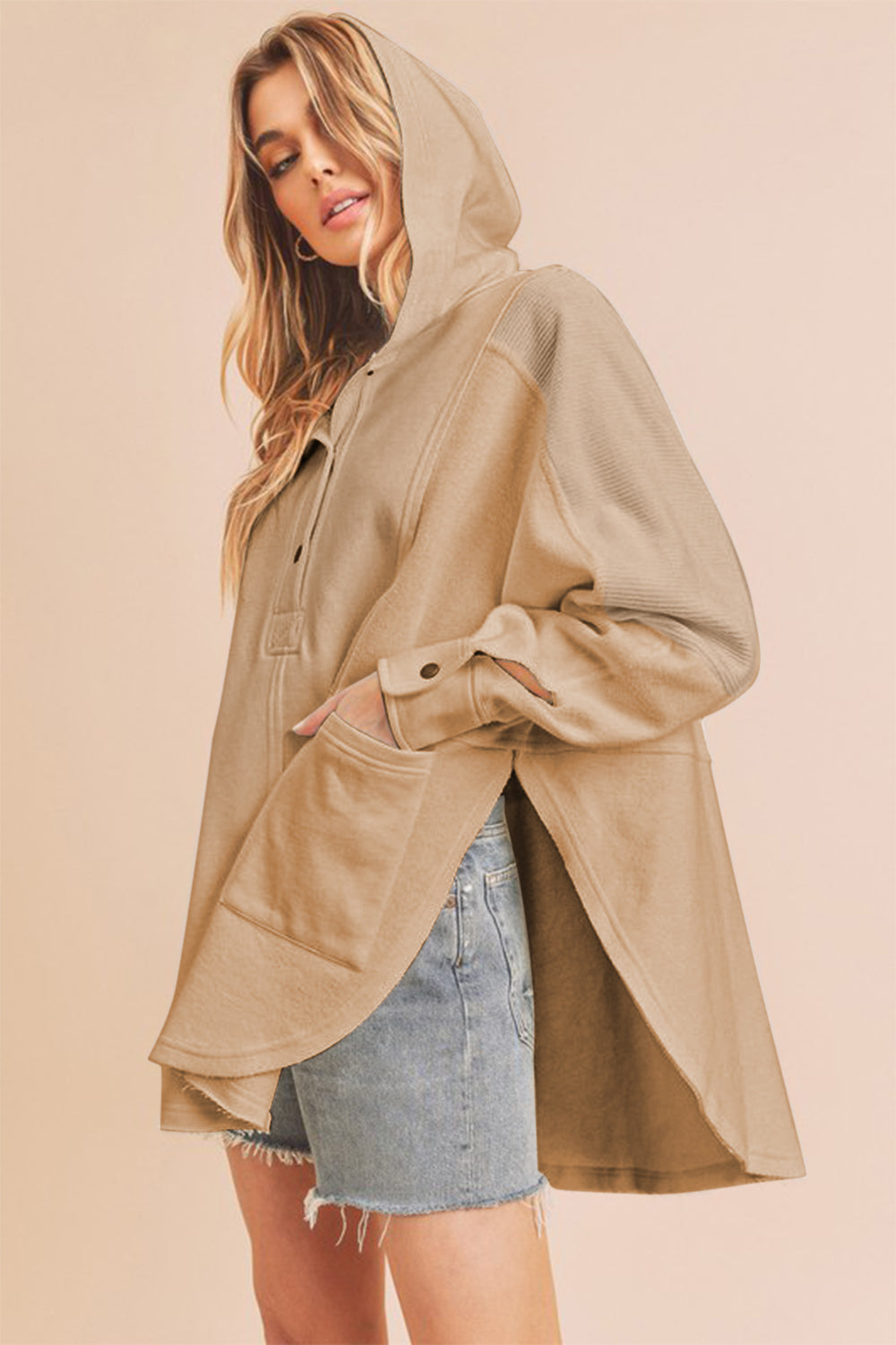 Aemi+Co Slit Half Snap Oversize Hoodie Trendsi