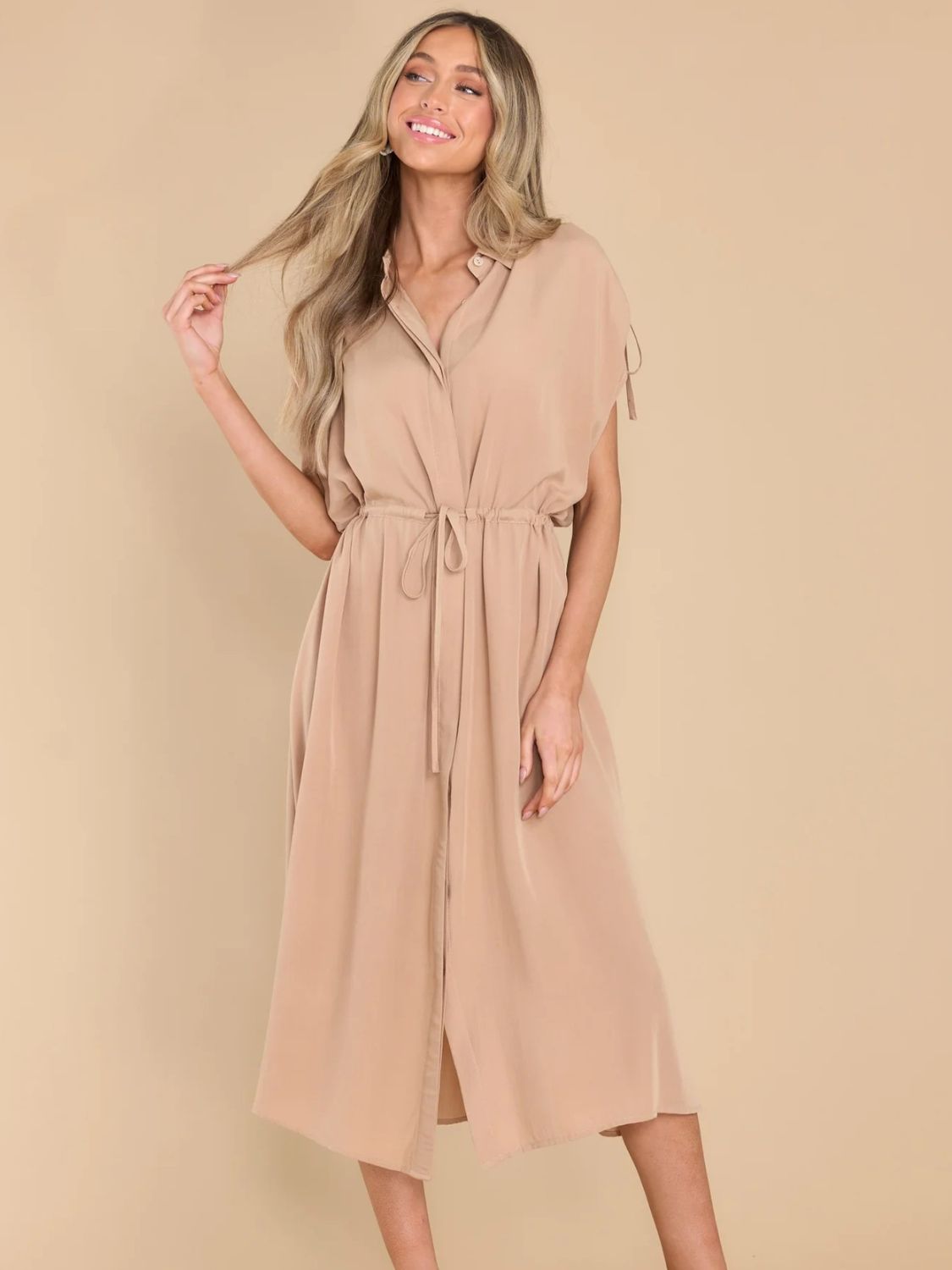 Drawstring Collared Neck Short Sleeve Midi Dress Trendsi