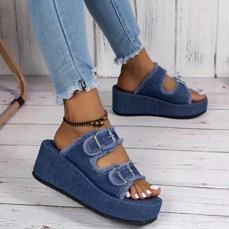 Fashion Denim Buckle Wedges Sandals Summer Outdoor High Heel Slippers Thick Bottom Camouflage Shoes For Women ARZ