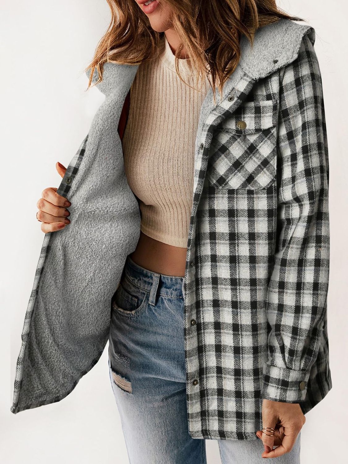 Plaid Snap Down Plush Hooded Jacket Trendsi