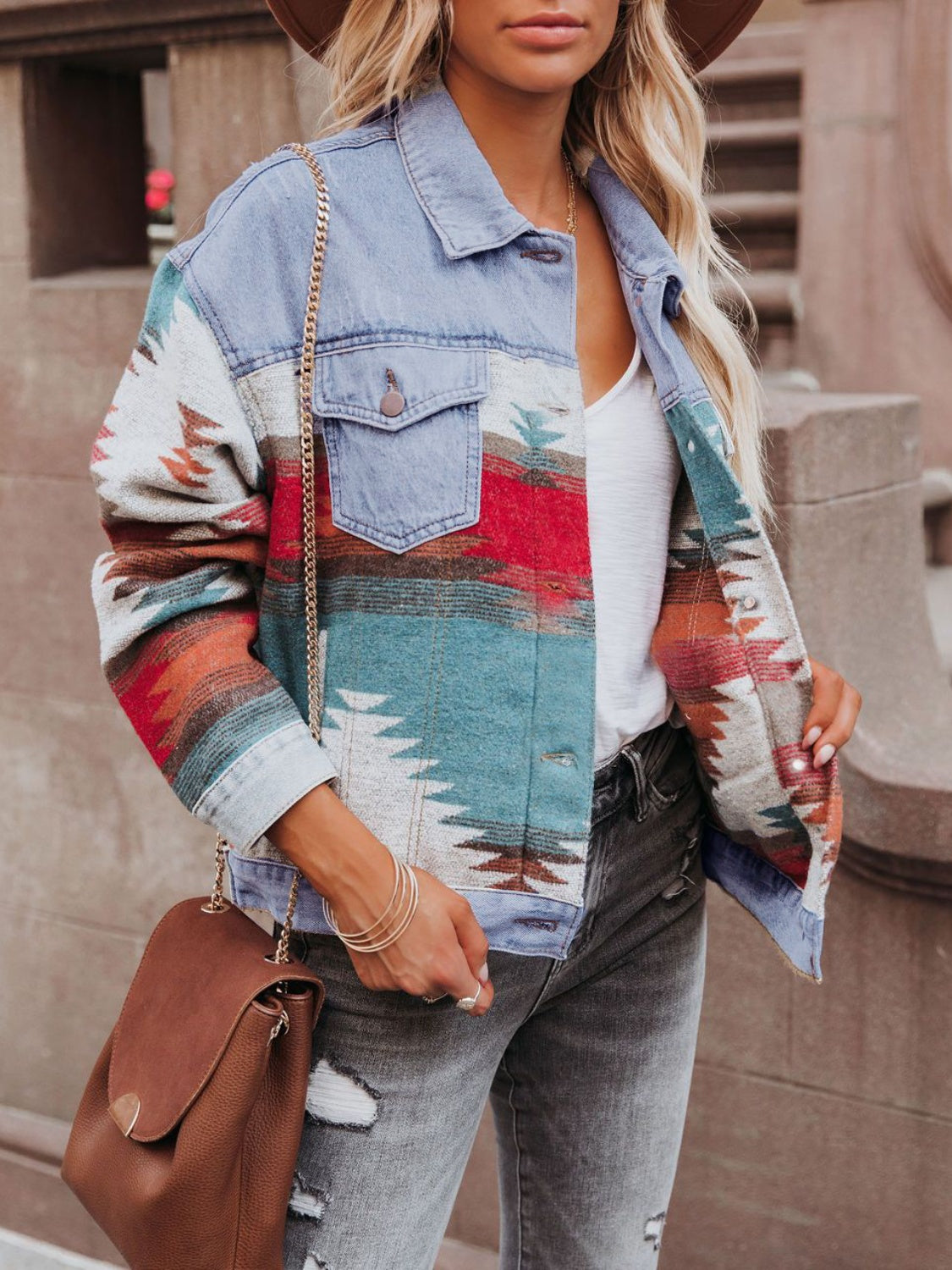 Geometric Button Up Long Sleeve Denim Jacket Trendsi