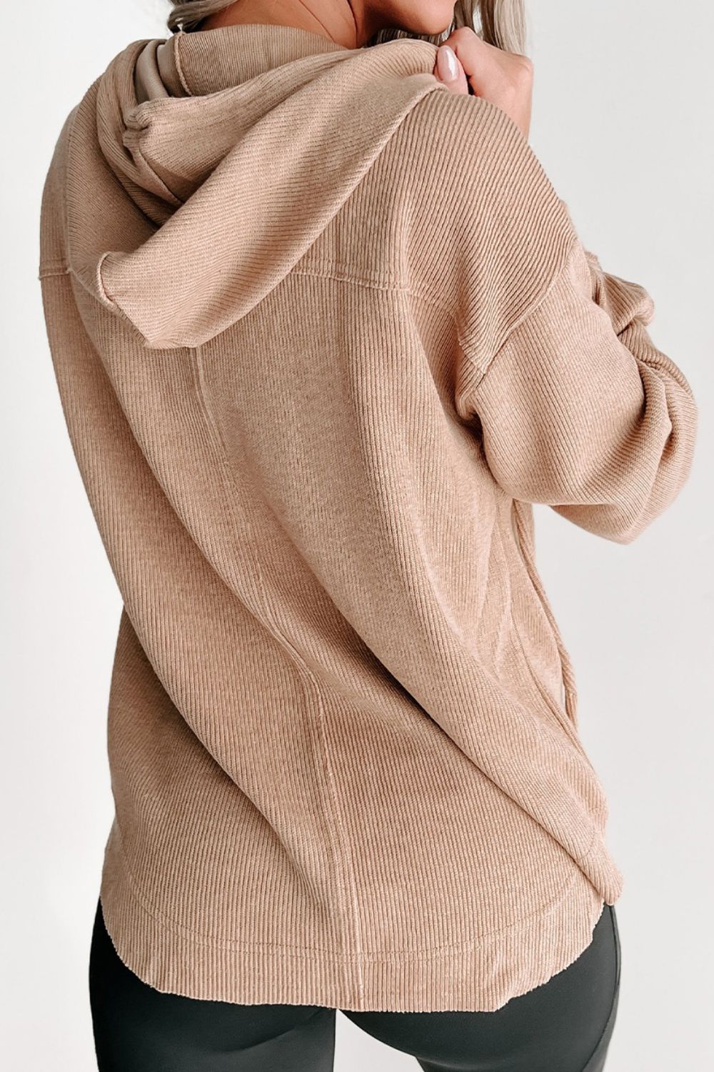 Buttoned Drop Shoulder Drawstring Hoodie Trendsi