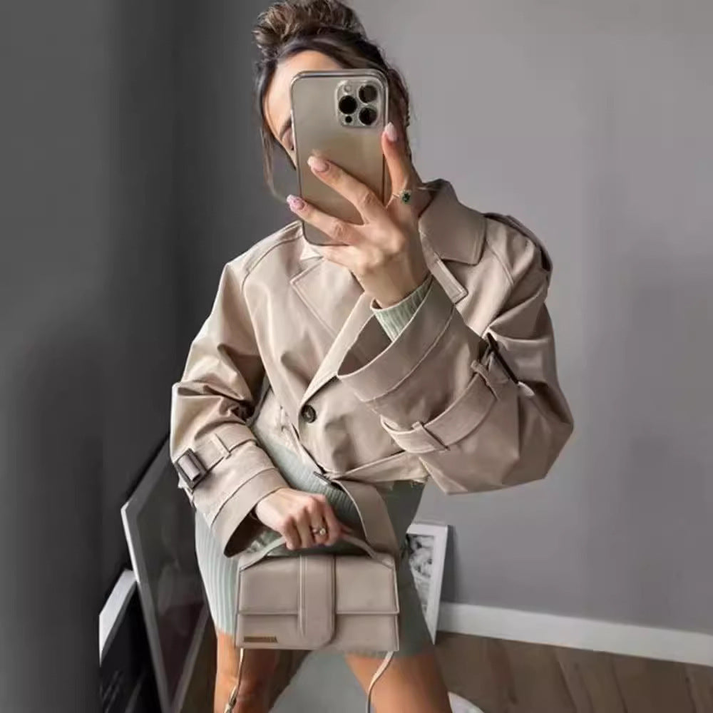 Long Sleeve Short Casual Solid Color Trench Coat ARZ