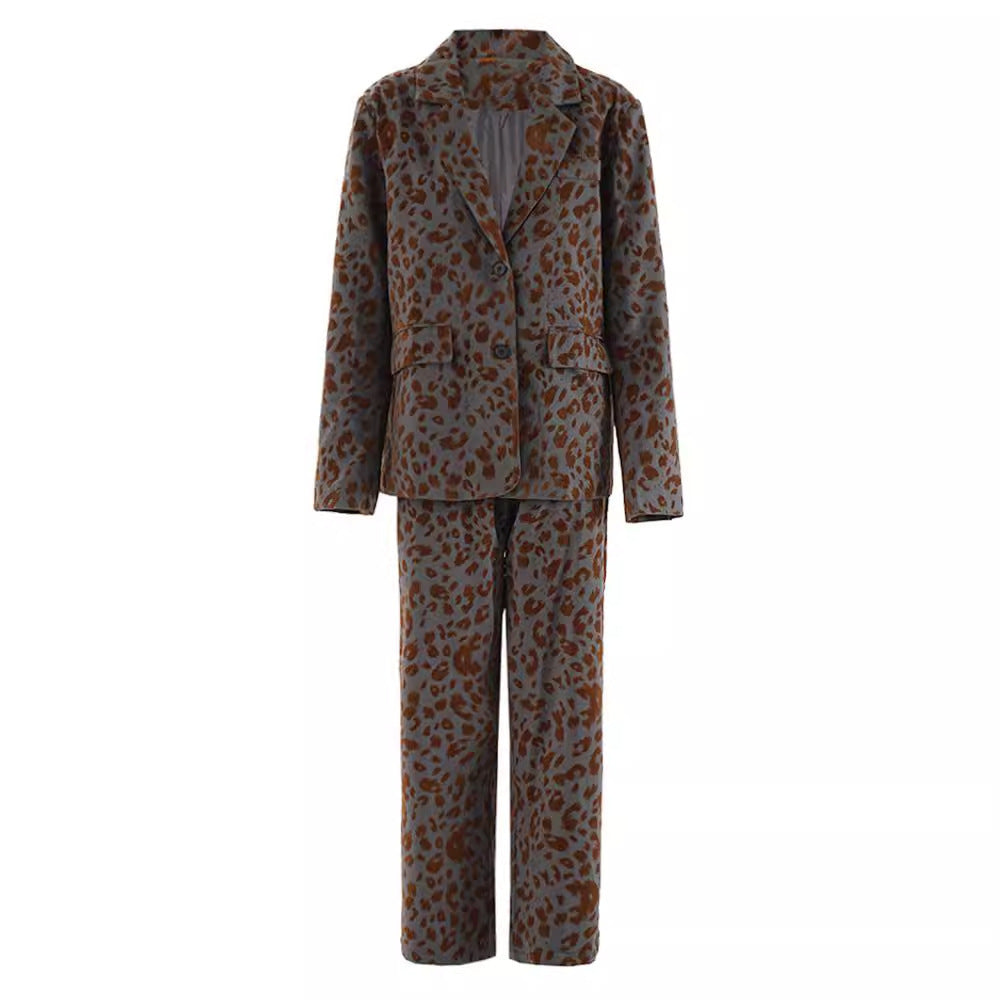 Leopard Print Casual High-end Temperament Suit Wide Leg Pants Two-piece Suit ARZ