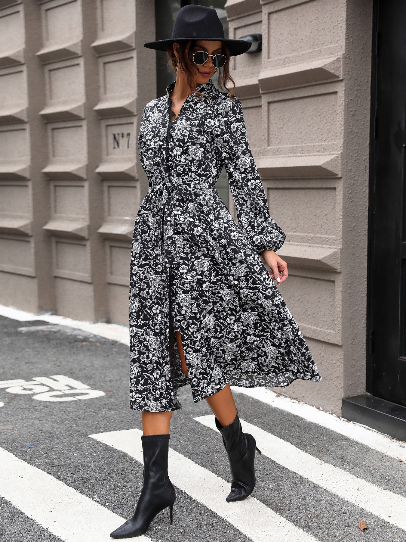 Perfee Lace Detail Printed Long Sleeve Midi Dress Trendsi