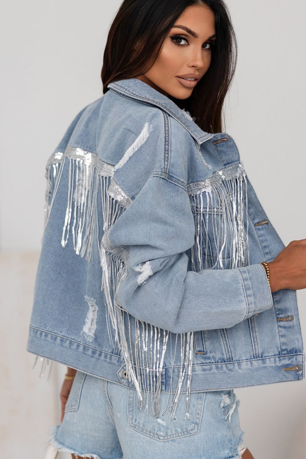 Sequin Fringe Trim Distressed Button Up Denim Jacket Trendsi