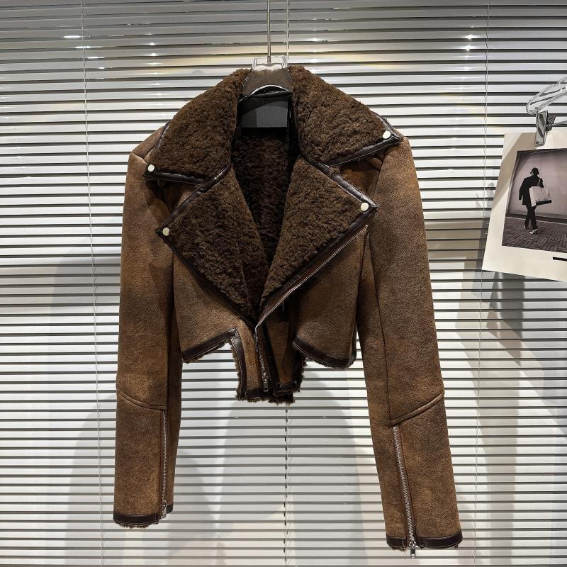 Lapel Fur Leather Coat Autumn Motorcycle Winter Jacket Coat ARZ