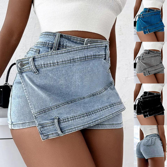 Y2K Street Vintage Denim Shorts Stretch Overlap Waist Wrap Solid Asymmetrical Hem A-Line Skinny Mini Skorts Skirt ARZ