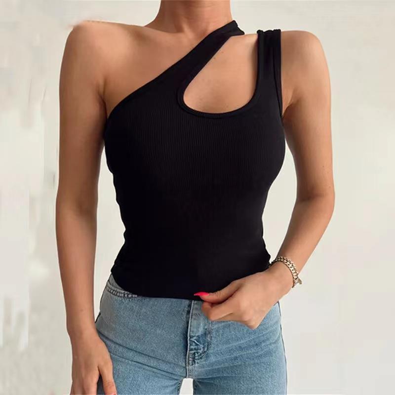 European And American Sunken Stripe Knitted Vest Solid Color Short Oblique Shoulder Irregular ARZ