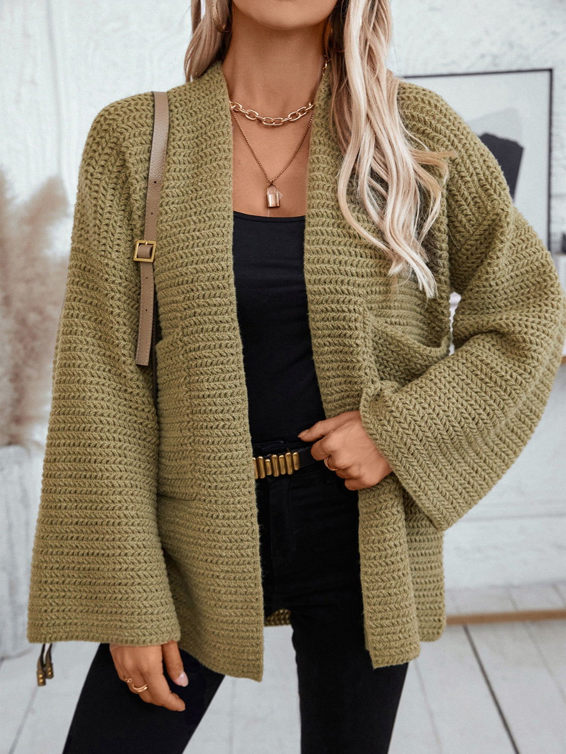 Open Front Long Sleeve Cardigan Trendsi