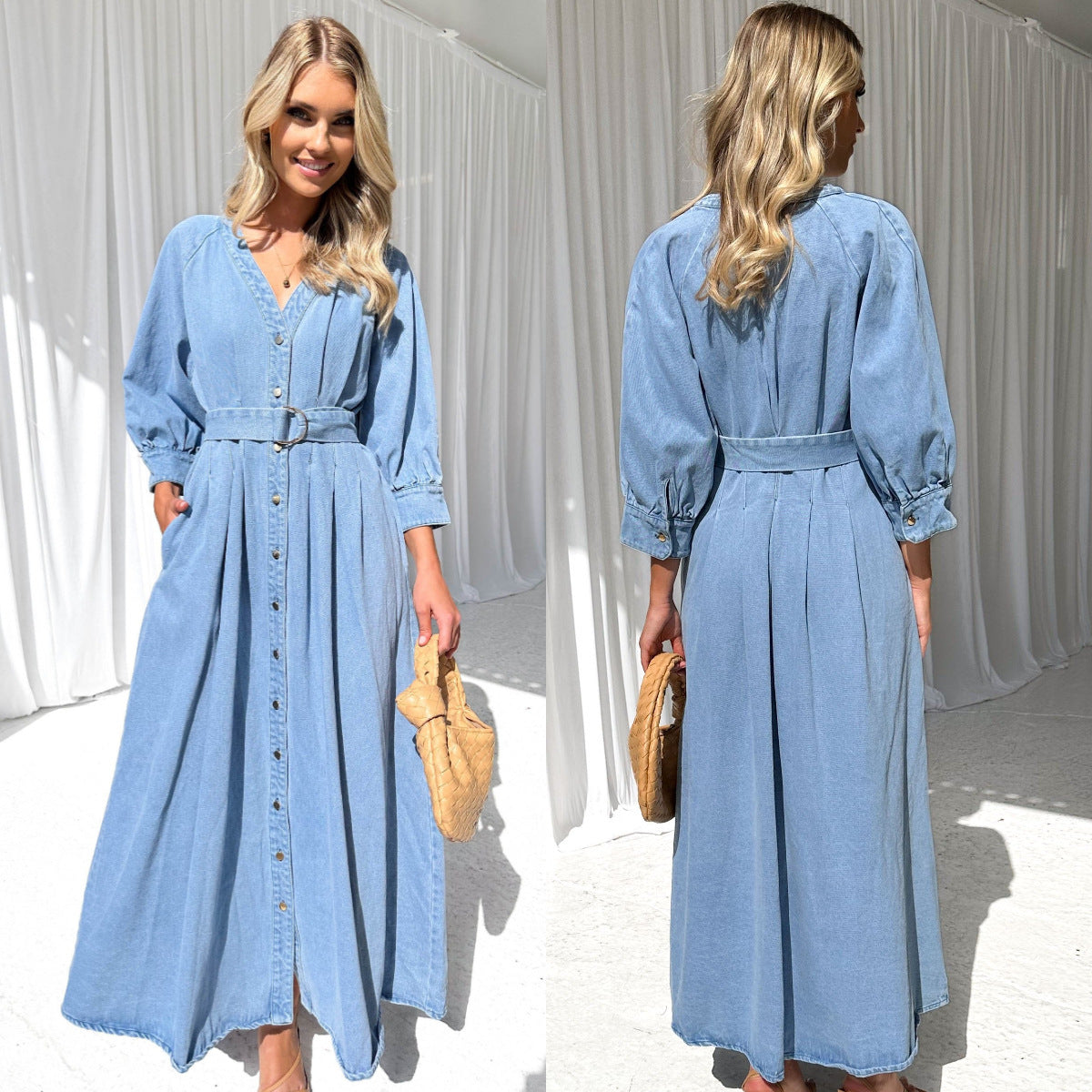 V-neck Lace-up Waist Trimming Casual Button Denim Dress ARZ