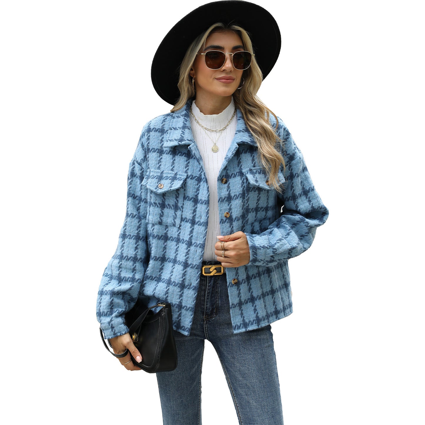 Women's Lapel Plaid Long Sleeve Baggy Coat ARZ