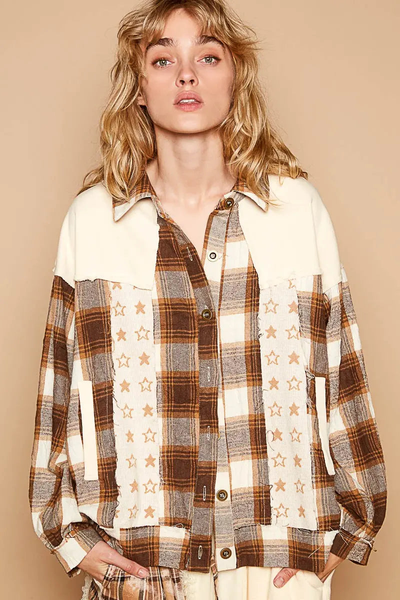 POL Plaid & Star Patchwork Contrast Long Sleeve Shacket Trendsi