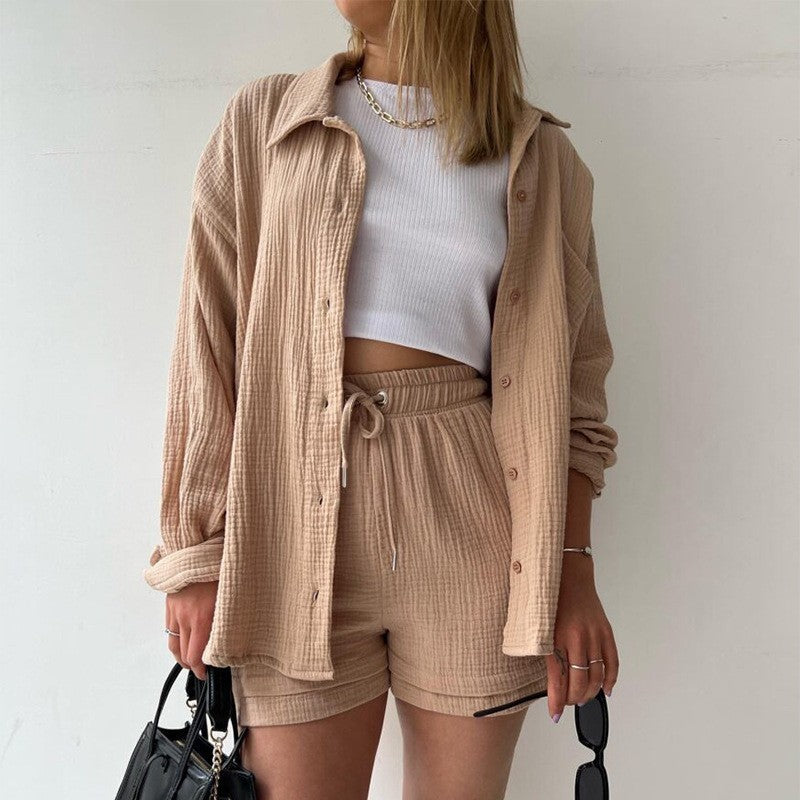 Spring Champray Lapel Long Sleeve Shirt High Waist Drawstring Shorts Plus Size Fashion Casual Set ARZ