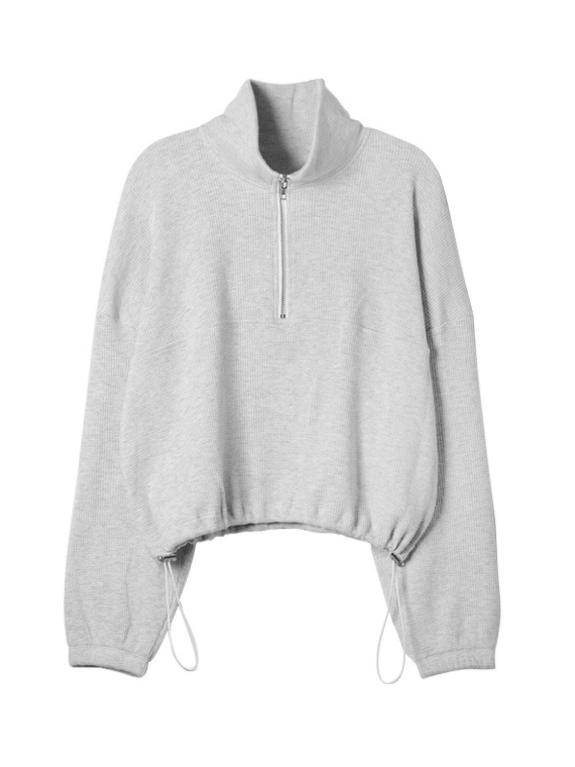 Waffle Knit Drawstring Half Zip Long Sleeve Sweatshirt Trendsi