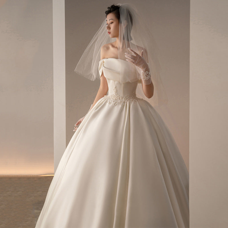 Women's Satin Off-shoulder Retro Fashion Trailing Wedding Dress ARZ