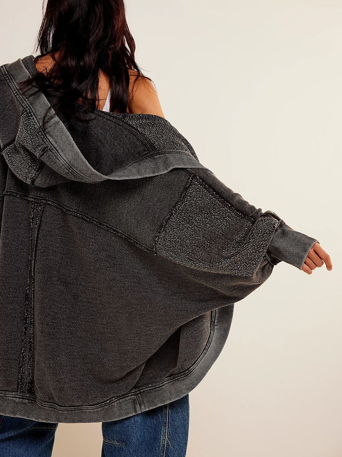 Exposed Seam Open Front Batwing Sleeve Hooded Cardigan Trendsi