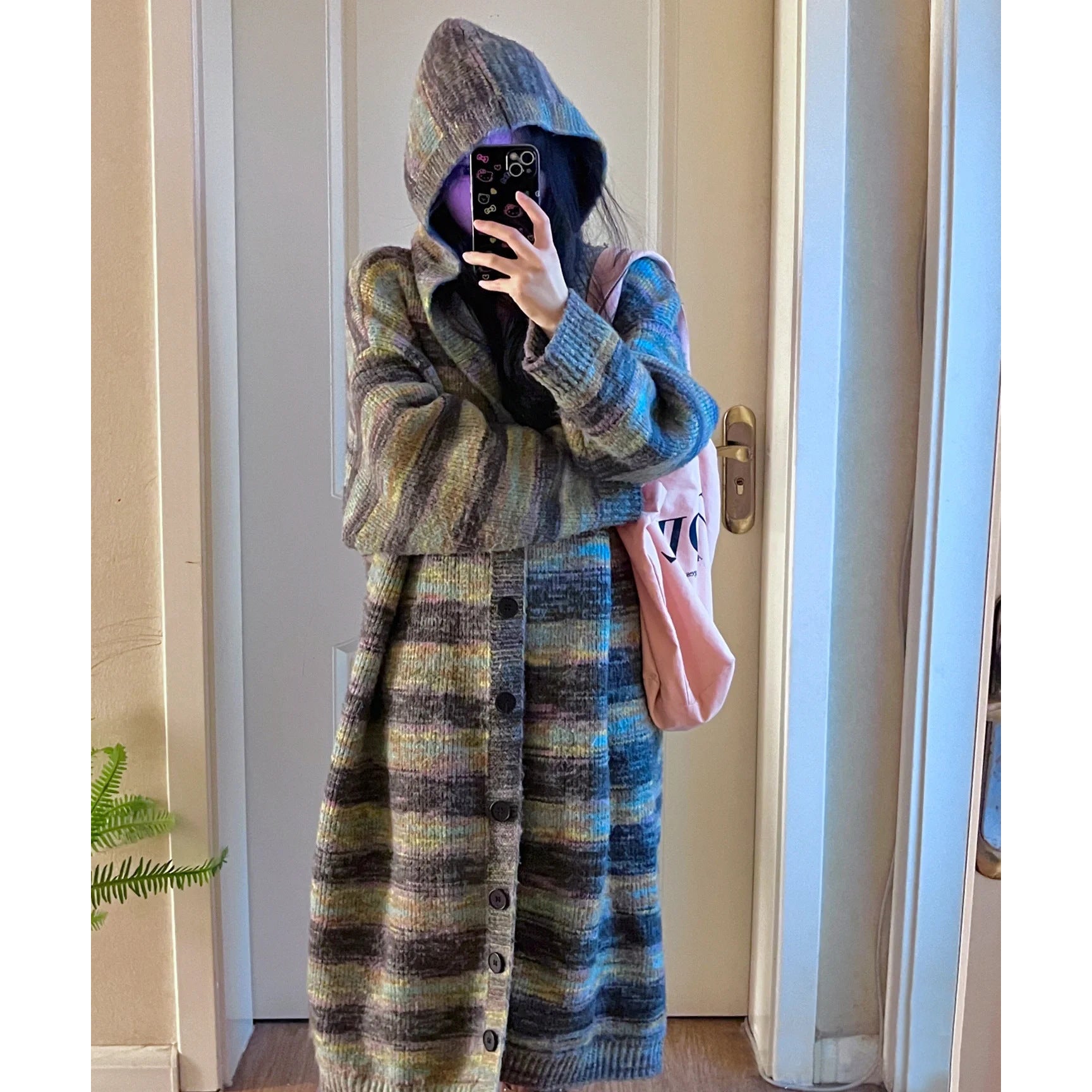 Hooded Striped Sweater Coat Idle Style Long Knitted Cardigan ARZ