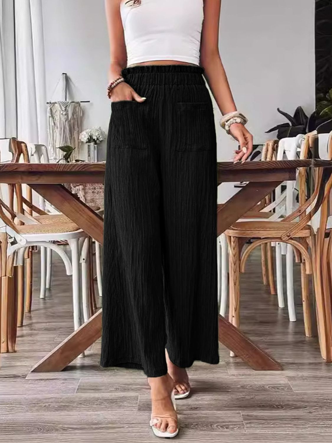 Pocketed Elastic Waist Wide Leg Pants Trendsi