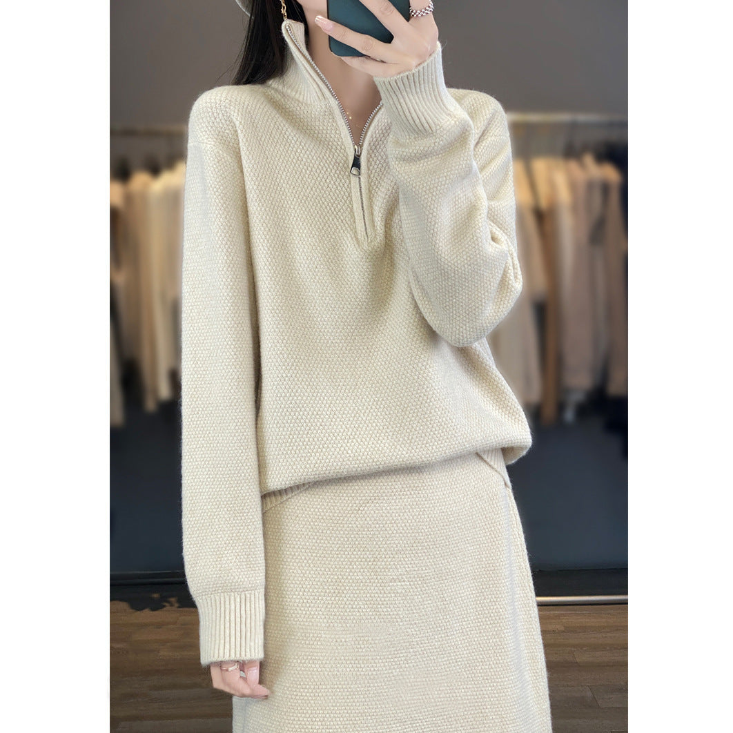 Half Zipper Turtleneck Two-piece Casual Thick Skirt Sweater Set ARZ