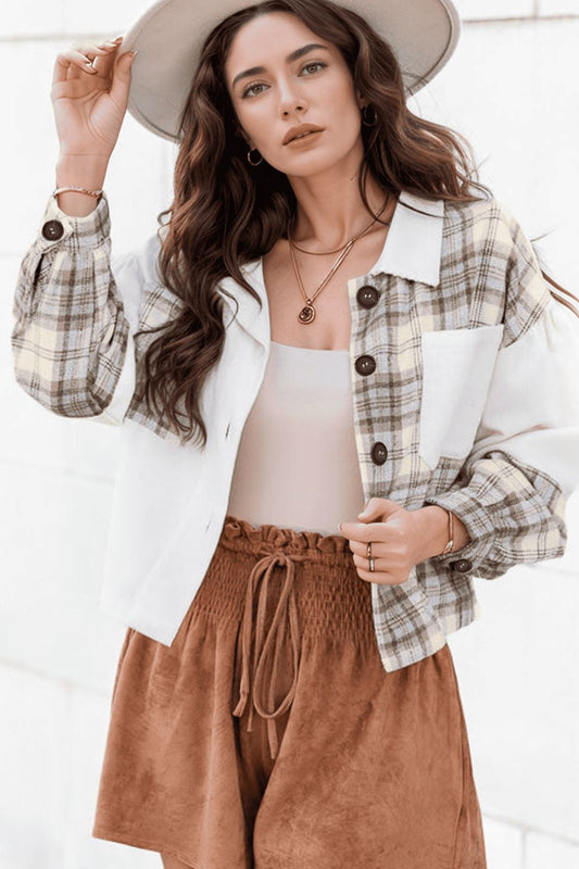 Corduroy Plaid Button Up Drop Shoulder Shacket Trendsi