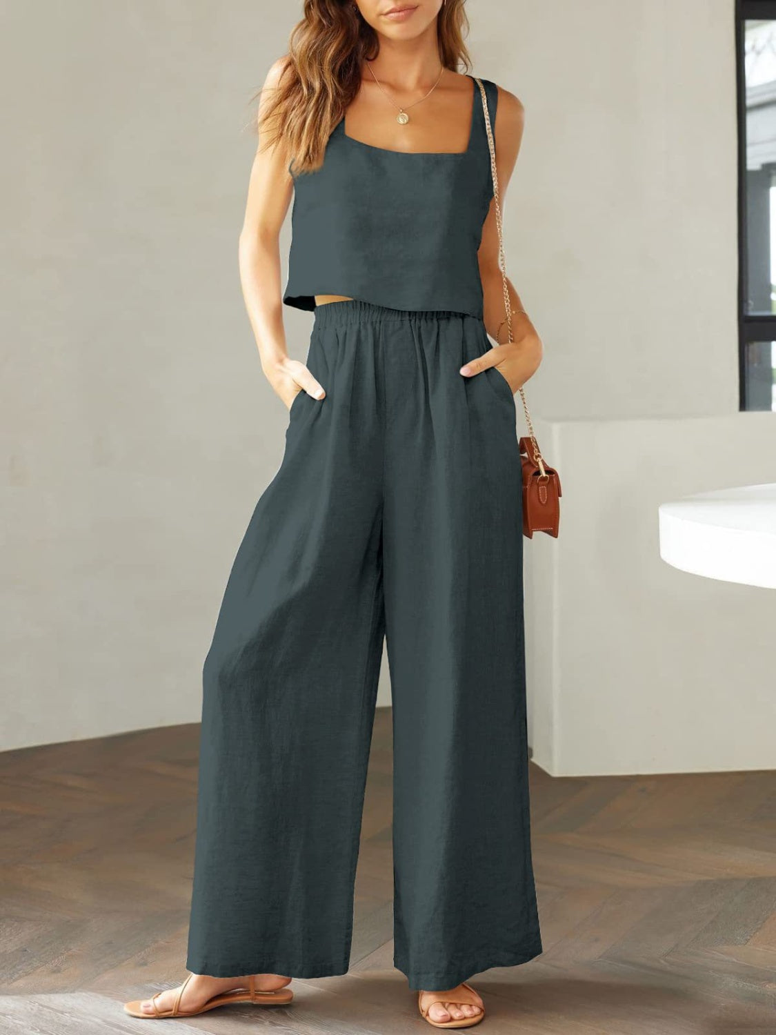 Square Neck Top and Wide Leg Pants Set Trendsi