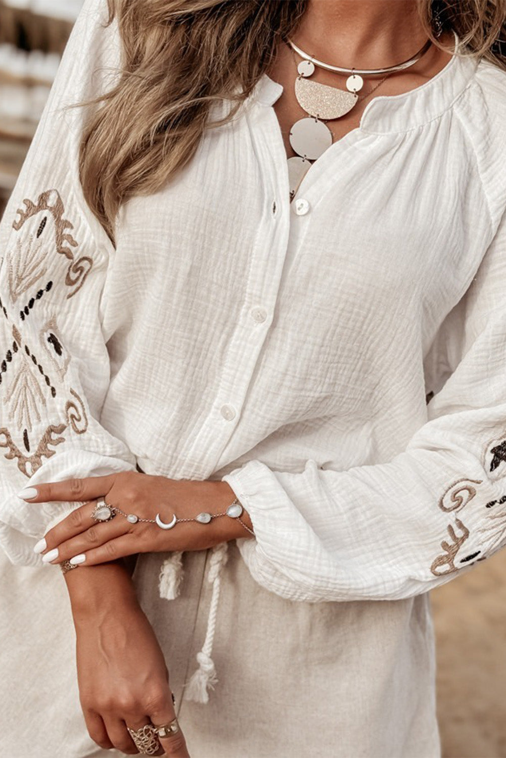 Embroidered Button Down Long Sleeve Shirt Trendsi