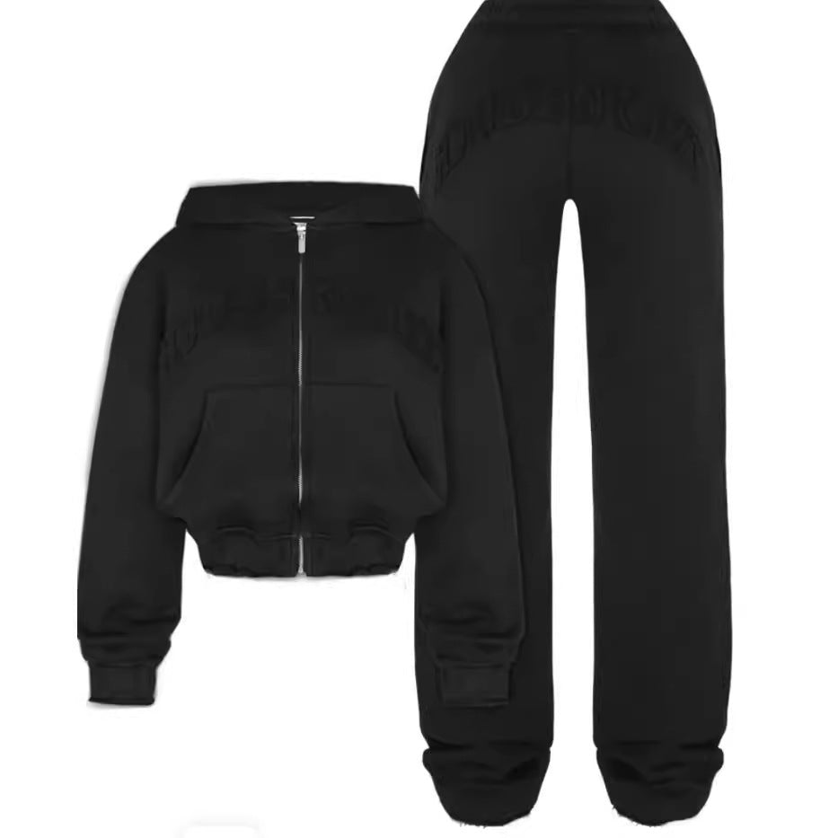 Ins Letter Sports Suit Zip-up Hooded Cropped Sweatshirt Top And Loose Drawstring Trousers Fashion Womens Clothing ARZ