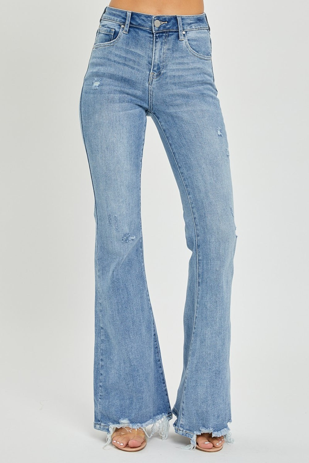 Risen Full Size High Rise Frayed Hem Flare Jeans Trendsi