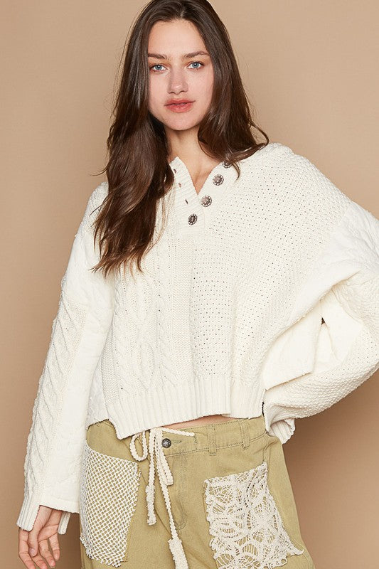 POL Cable-Knit Quarter Button Hooded Sweater Trendsi