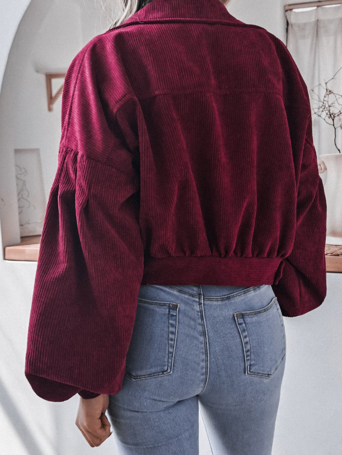 Lantern Sleeve Cropped Corduroy Jacket Trendsi