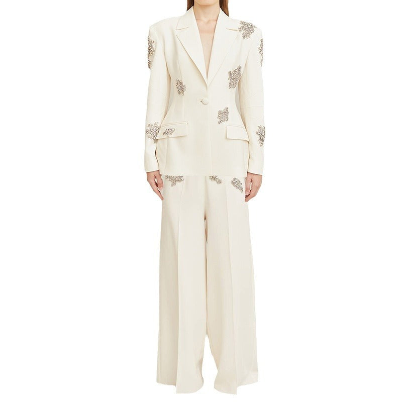 New Diamond-embedded One Button Suit Coat Wide-leg Pants Suit Two Pieces ARZ