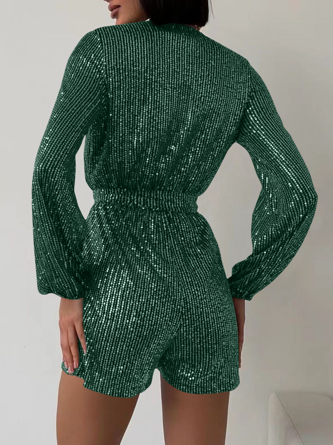 Full Size Sequin Surplice Tie Waist Long Sleeve Romper Trendsi