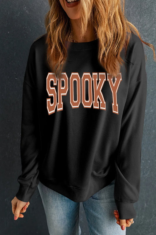 SPOOKY Round Neck Long Sleeve Sweatshirt Trendsi