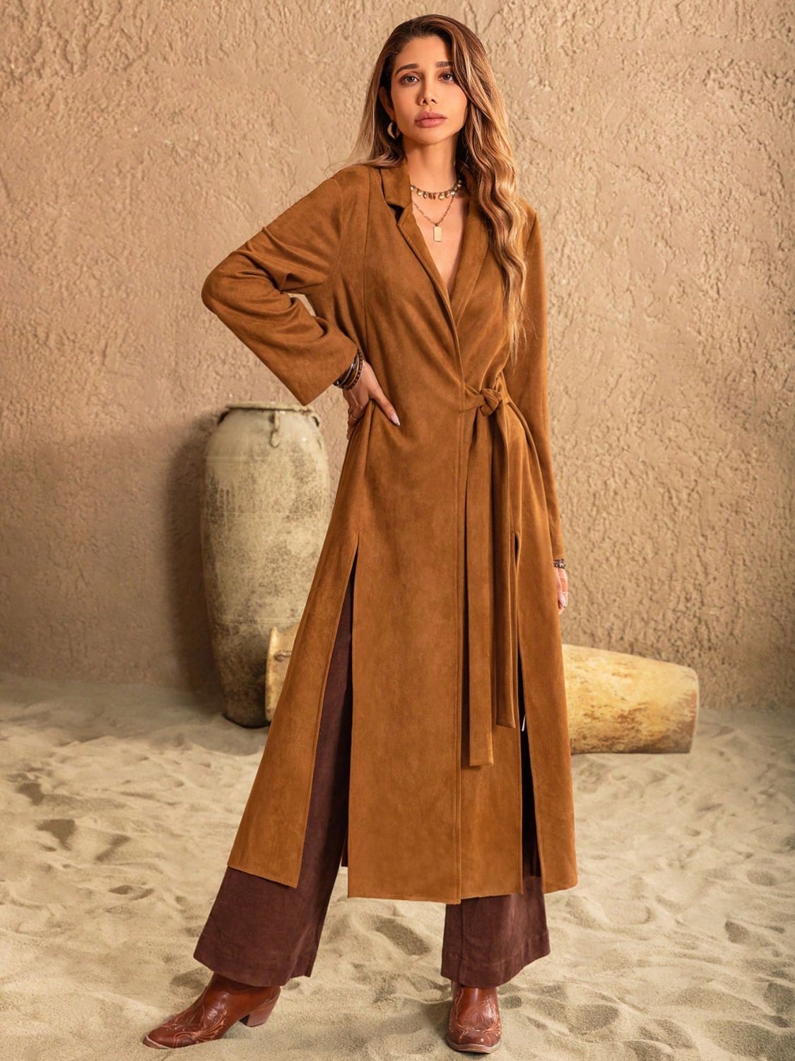 Slit Tied Collared Neck Longline Coat Trendsi