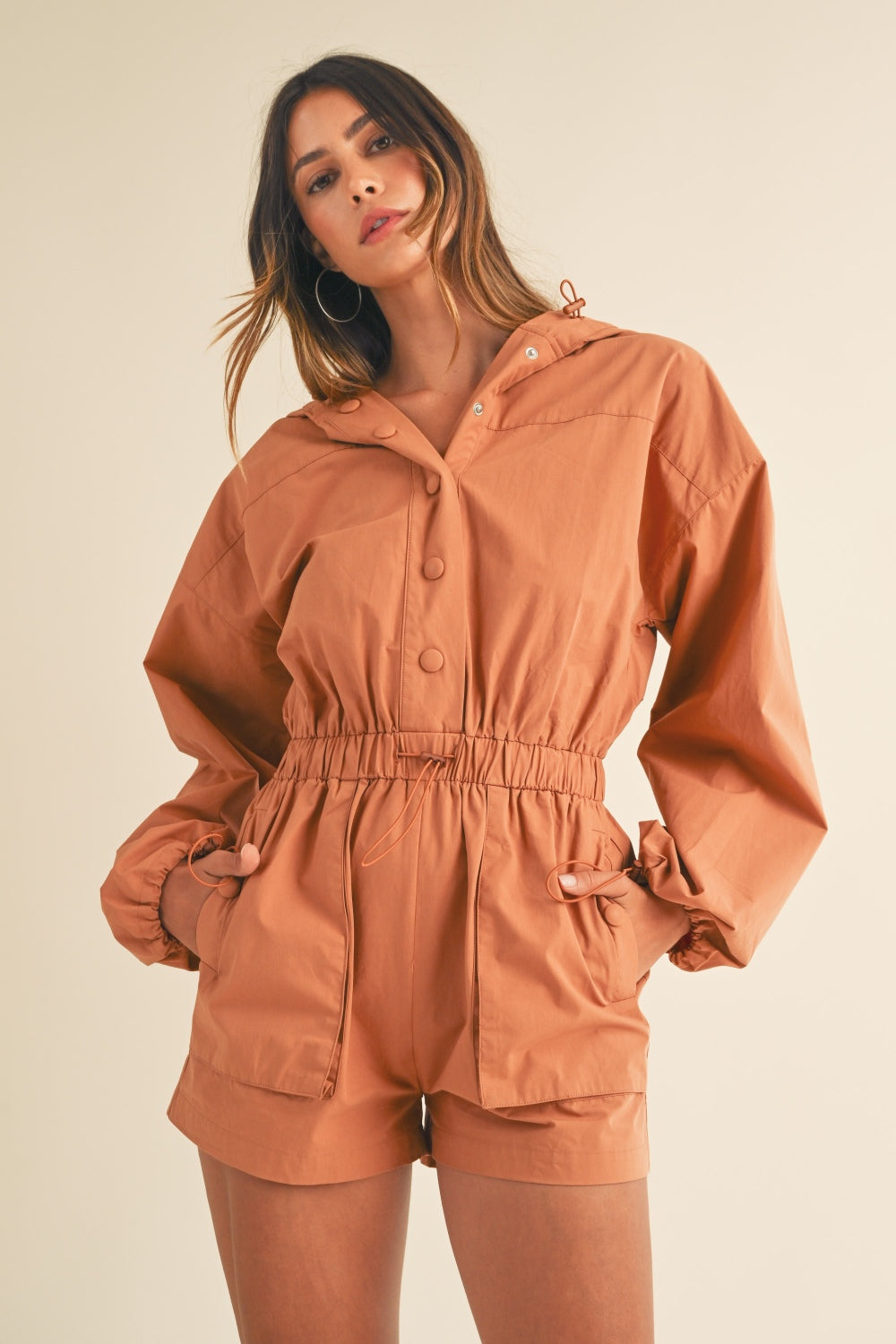 Mable Snap Down Long Sleeve Hooded Romper Trendsi