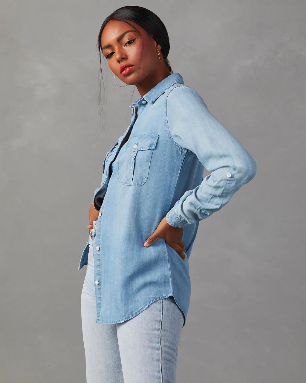 European And American Leisure Lapel Single Breasted Women's Long Sleeve Denim Shirt ARZ