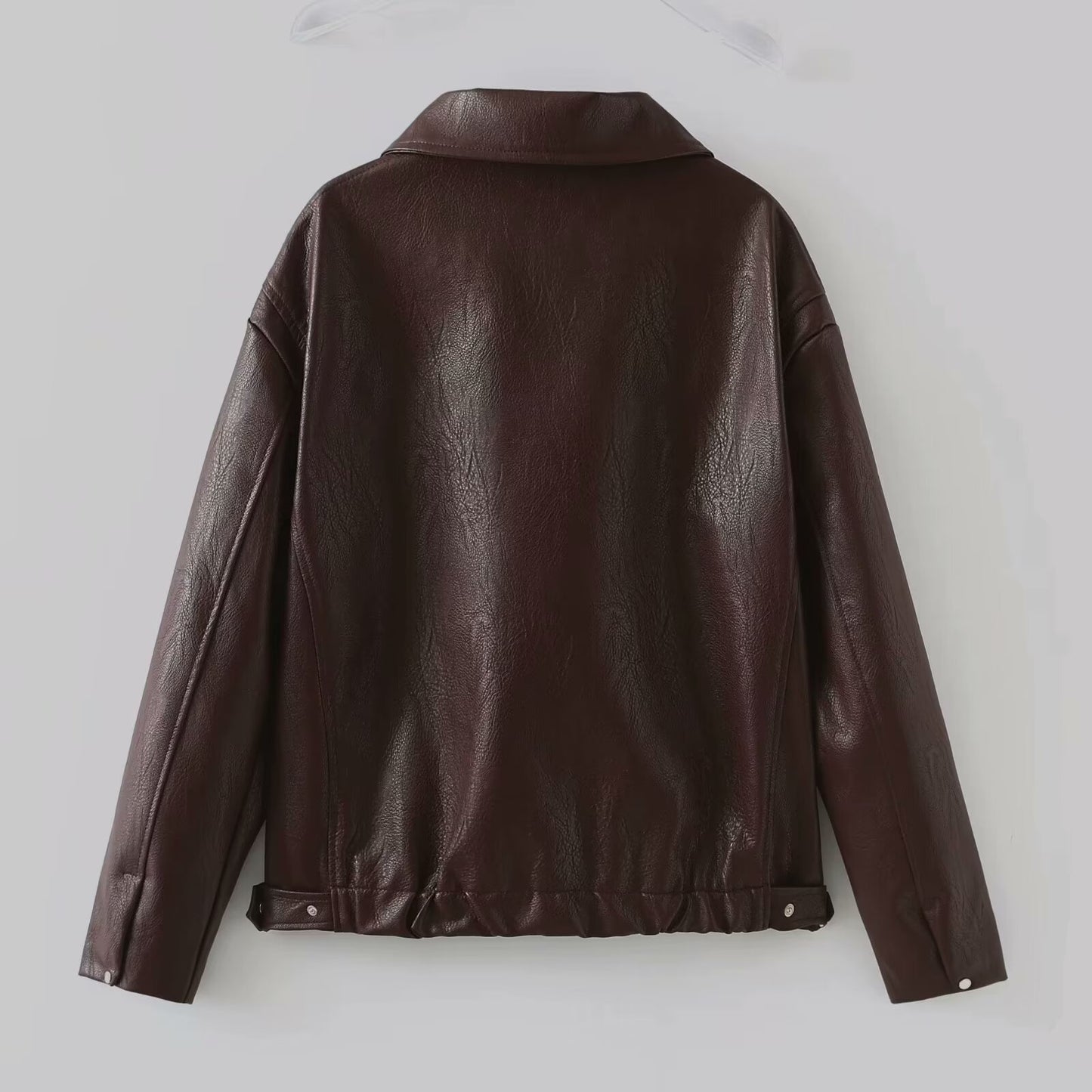 Solid Color Lapel Zipper Jacket Fashion Casual Long Sleeve Leather Coat Tops Women Clothing ARZ