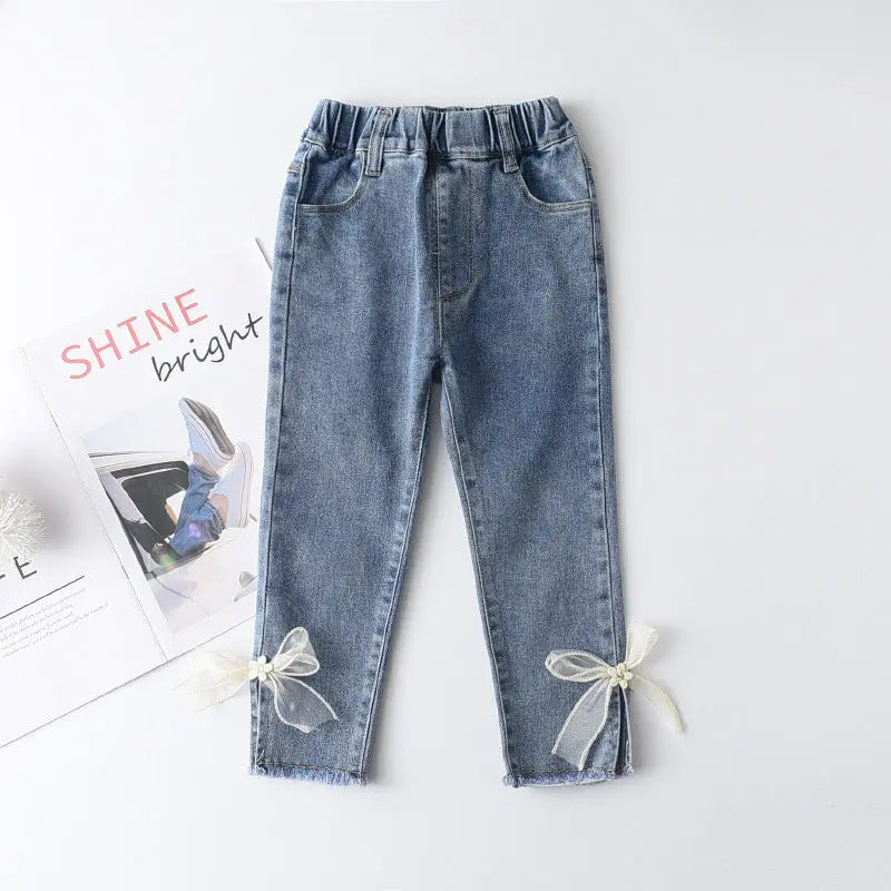 Korean Style Young And Little Girls Baby Sweet Fashion Bowknot Slim Jeans Fashion ARZ