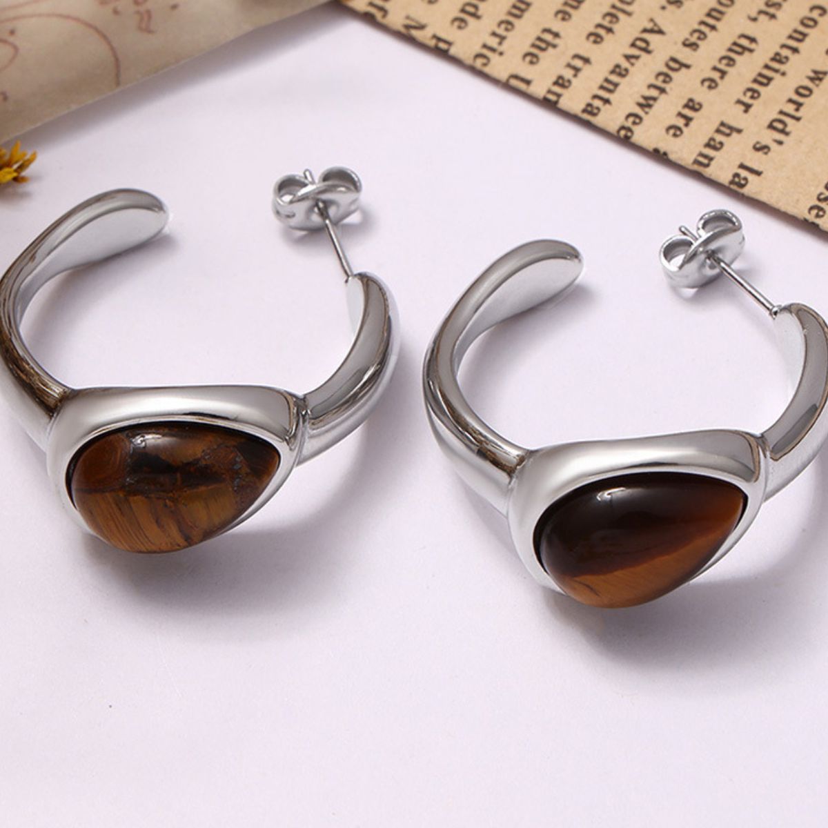 Stainless Steel Natural Tiger's Eye C-Hoop Earrings Trendsi