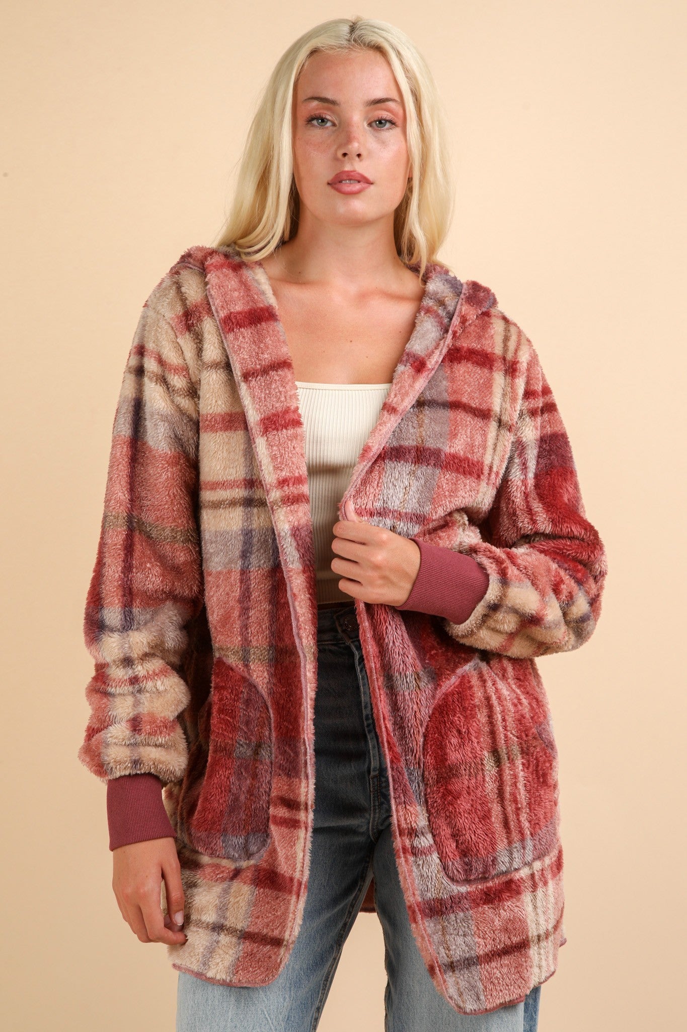 VERY J Fuzzy Plaid Long Sleeve Hooded Jacket Trendsi