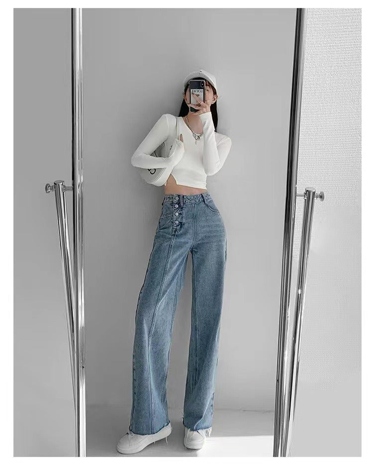 Irregular Breasted High Waist Jeans For Women Straight-leg Trousers ARZ