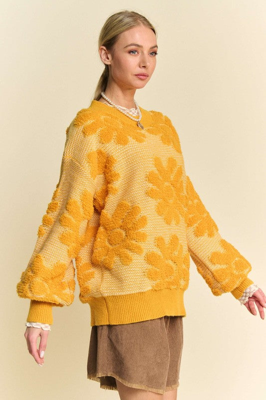 Davi & Dani Flower Texture Round Neck Dropped Shoulder Sweater Trendsi