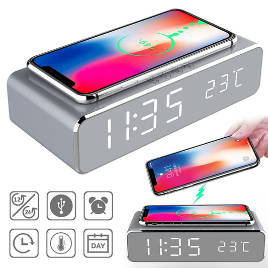 LED Electric Alarm Clock With Wireless Charger Desktop Digital Despertador Thermometer Clock HD Mirror Clock Watch Table Decor ARZ