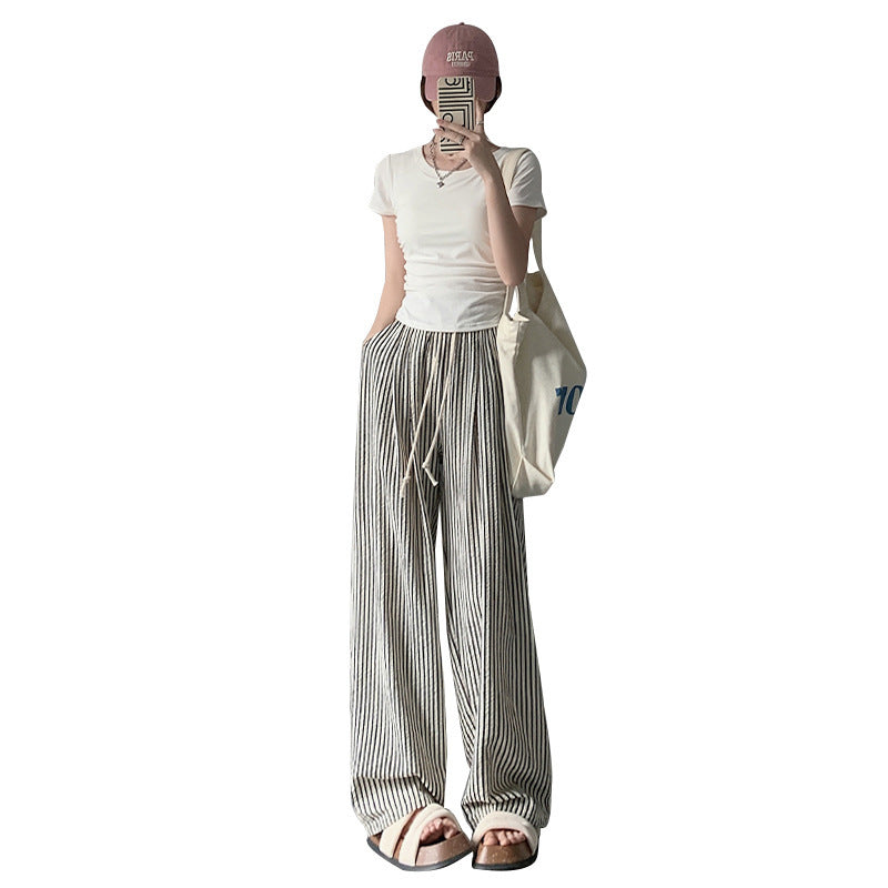 Two-tone Vertical Stripes Thin High Waist Casual Loose Wide Leg Pants ARZ