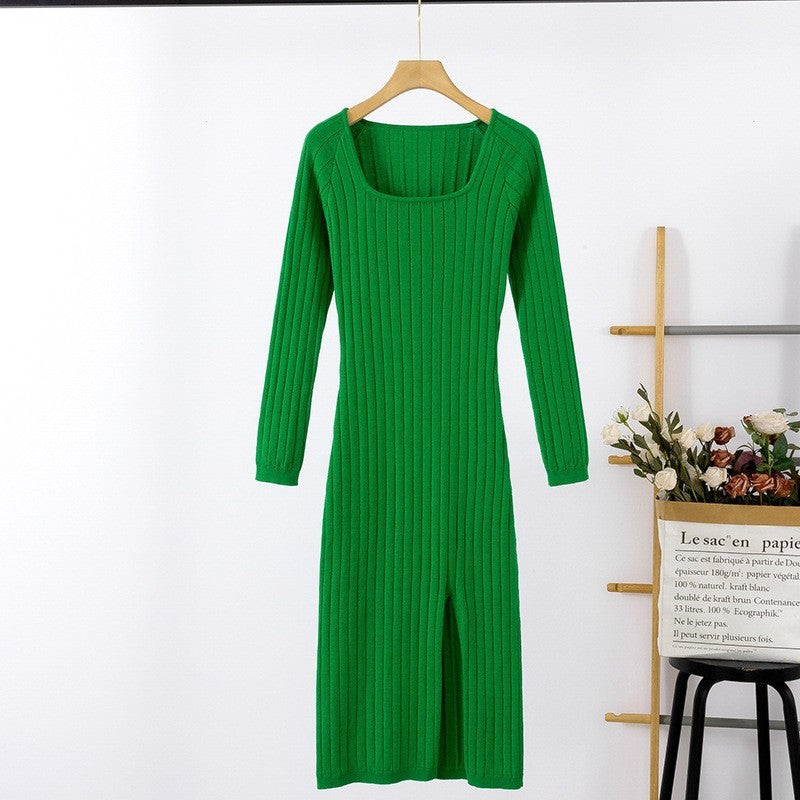 European And American Autumn And Winter Long Sleeve Crew Neck Split Knitted Long Dress ARZ