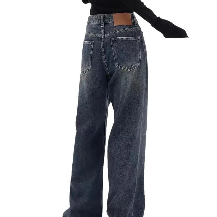 Retro Dark Blue Wide Leg Jeans Baggy Straight Trousers ARZ