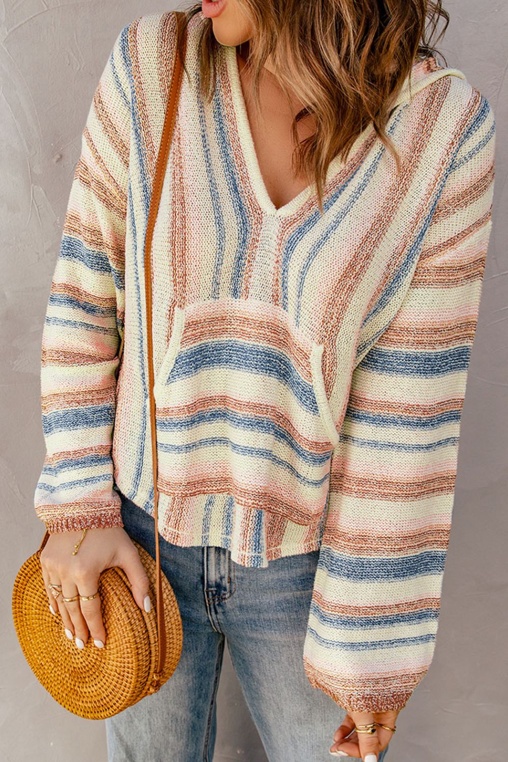 Contrast Striped Dropped Shoulder Hooded Knit Top Trendsi